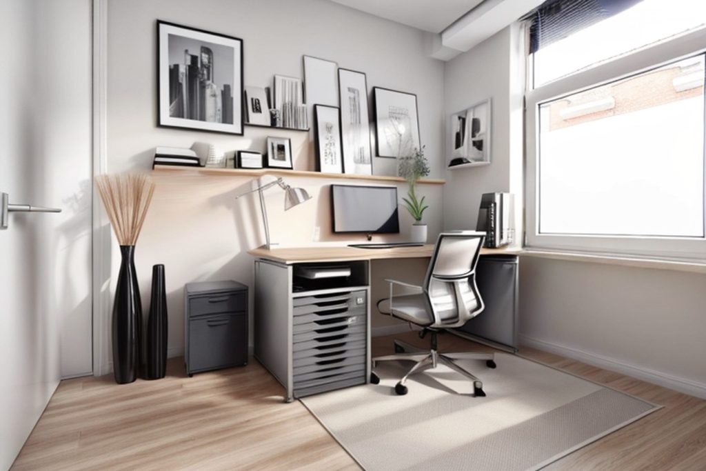 Example of a modern office at home with a drawerless desk, under-desk storage, and framed posters