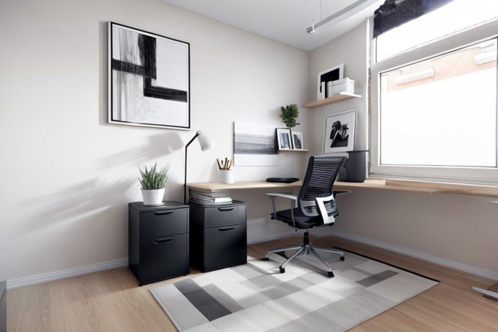 Example of a modern office at home with a narrow desk, magazine rack, and a rug