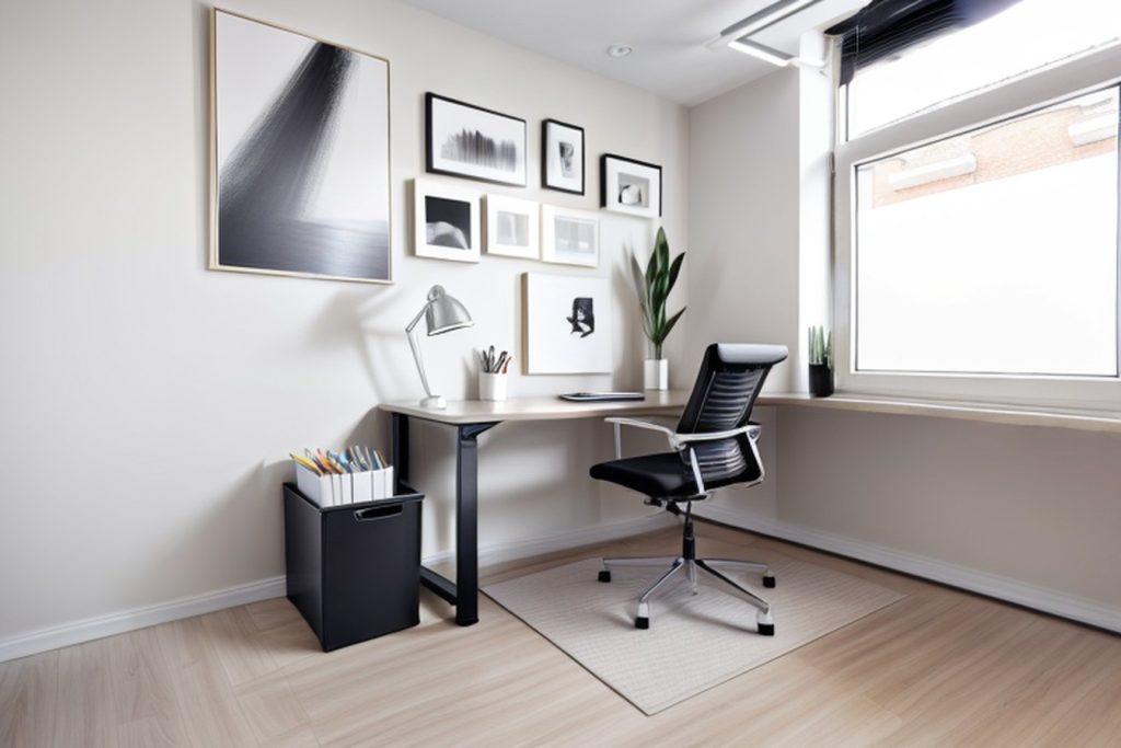 Example of a modern office at home with a standing desk, filing cabinet, and a desk lamp