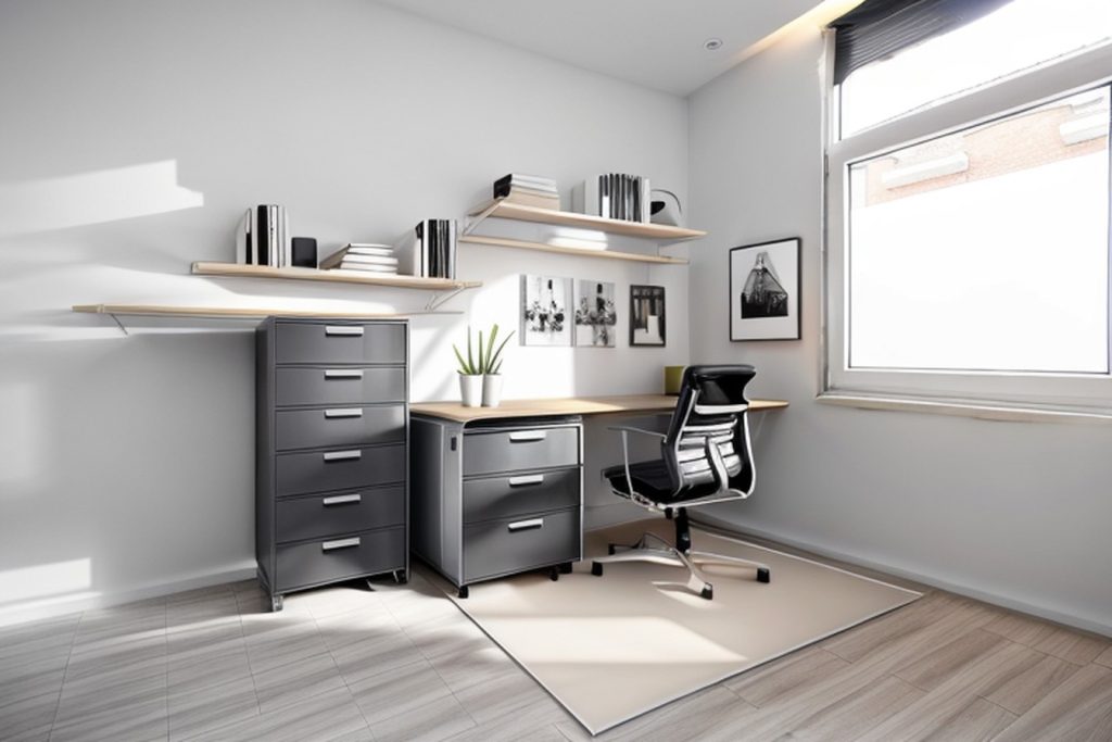 Example of a modern office at home with a work desk, rolling pedestal drawers, and curtains