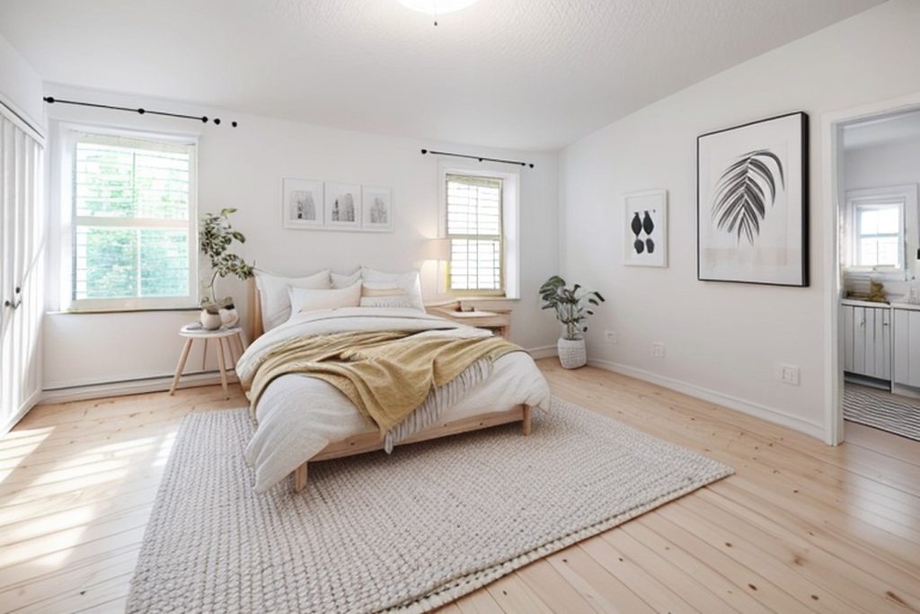 Example of a scandinavian bedroom with a king bed, two pendant lights, and a gallery wall