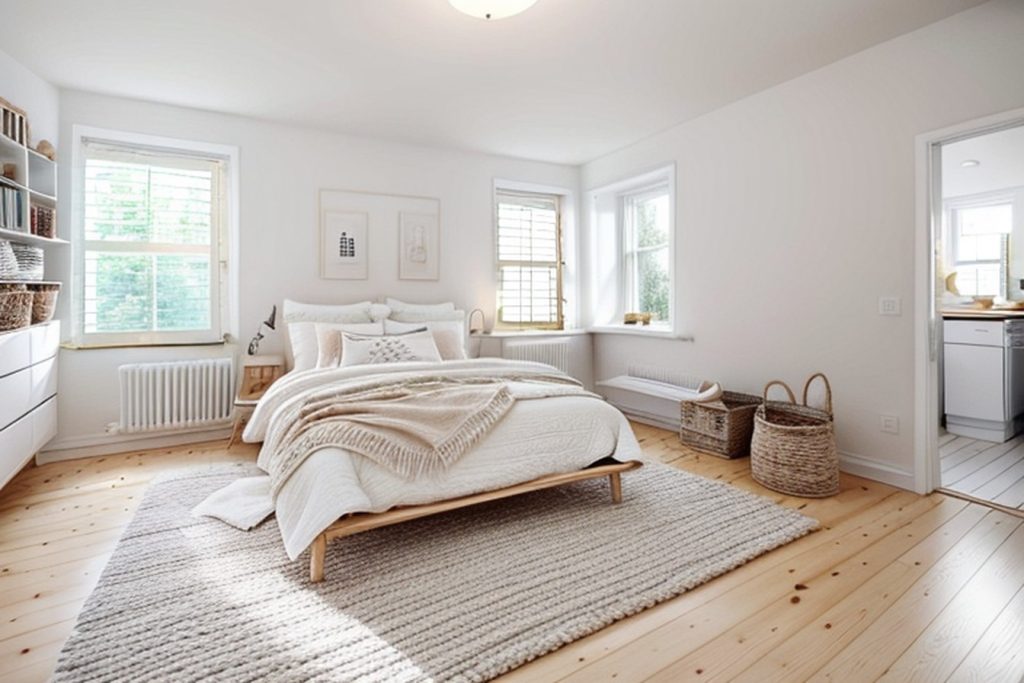 Example of a scandinavian bedroom with a queen bed, a pair of nightstands, and a cozy area rug