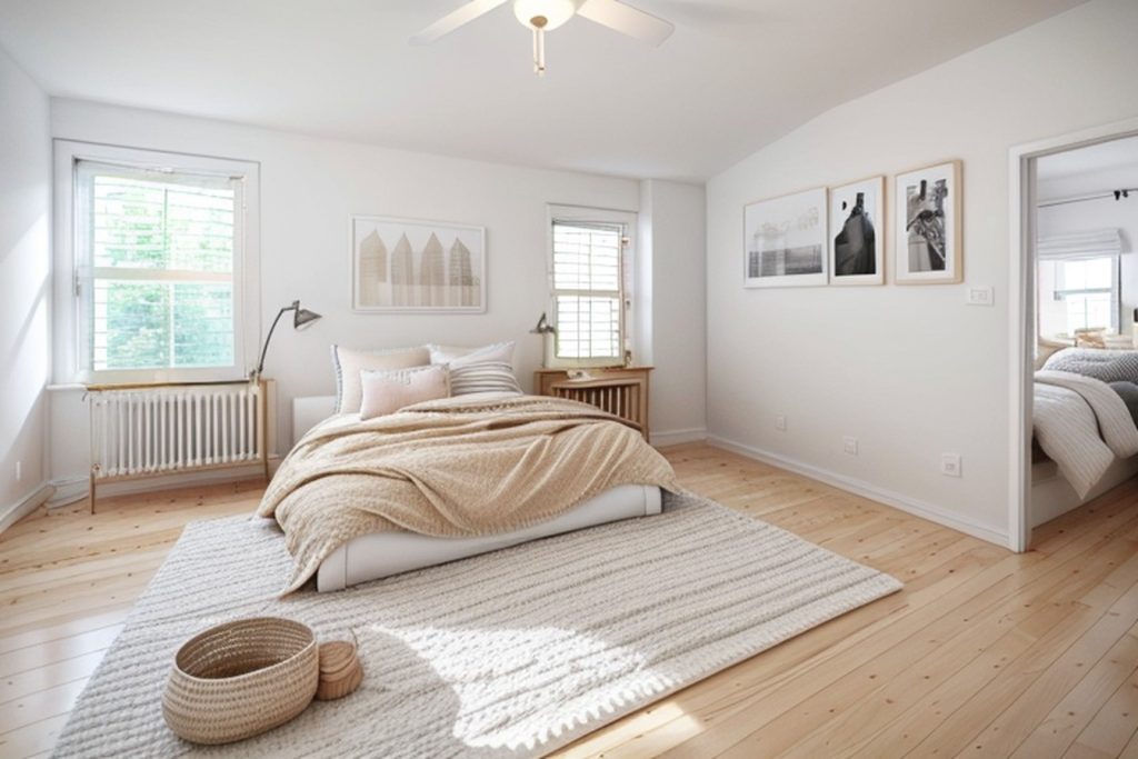 Example of a scandinavian bedroom with a twin beds, a shared nightstand, and framed wall art