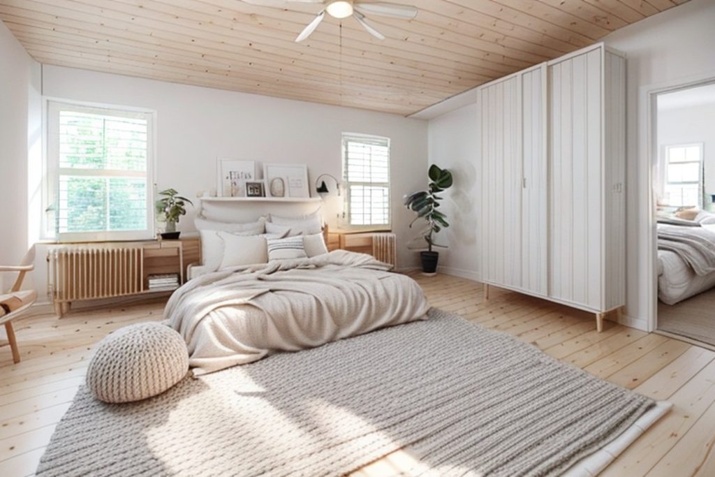 Example of a scandinavian bedroom with a wooden bed, a pair of cube nightstands, and a tall plant