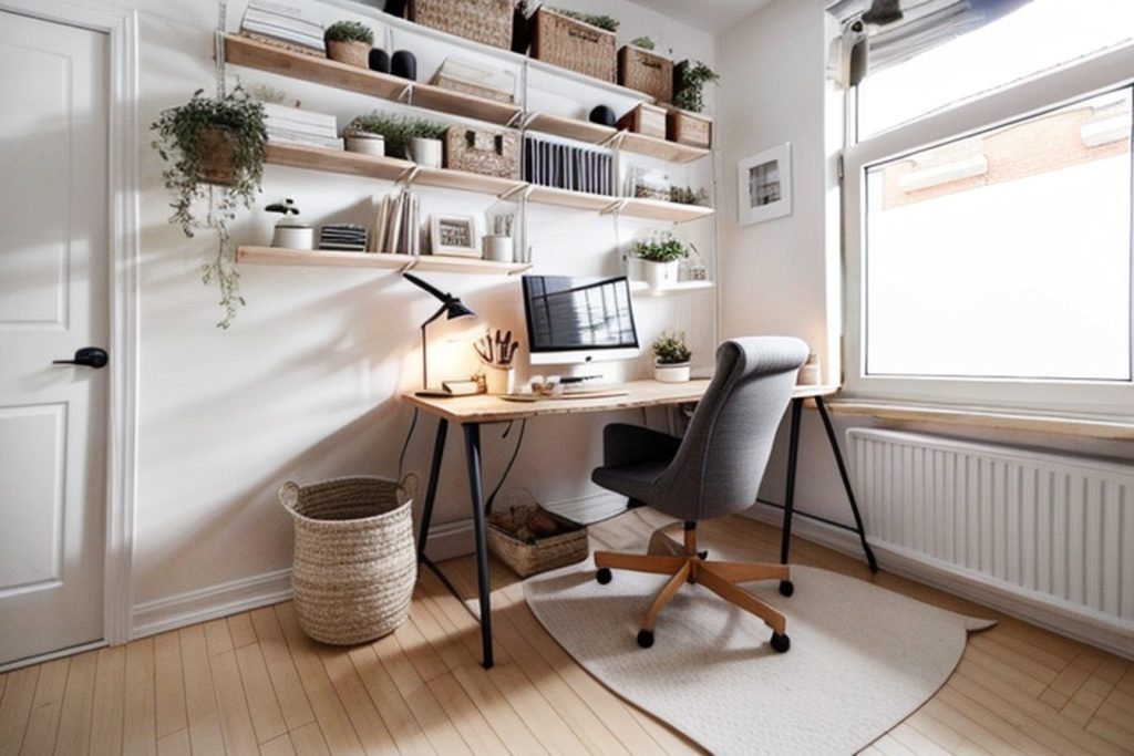 Example of a scandinavian office at home with a desk, ergonomic chair, and floating shelves