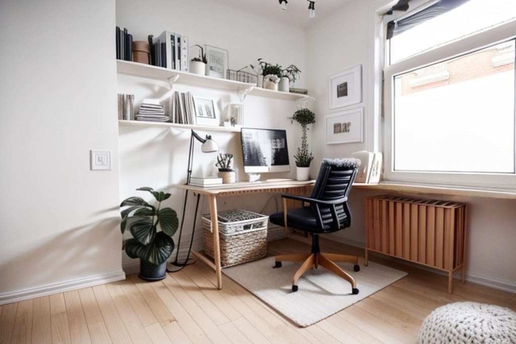 Example of a scandinavian office at home with a laptop table, storage crates, and a small rug