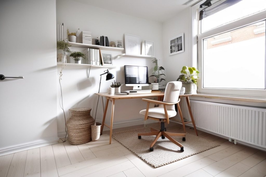 Example of a scandinavian office at home with a work desk, rolling pedestal drawers, and curtains