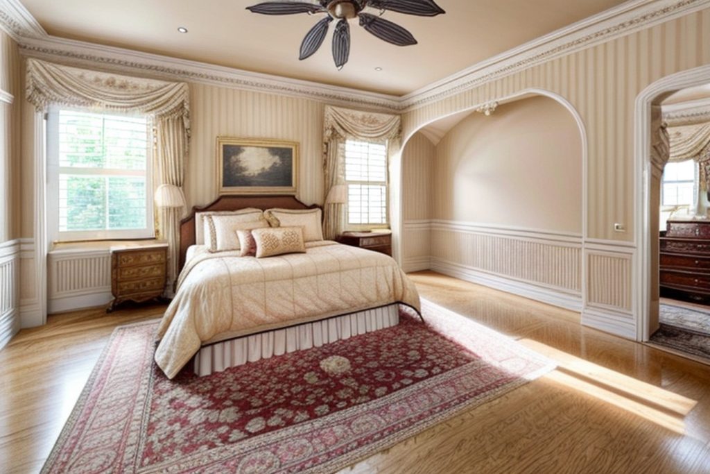 Example of a traditional bedroom with a canopy bed,a pair of nightstands, and layered bedding